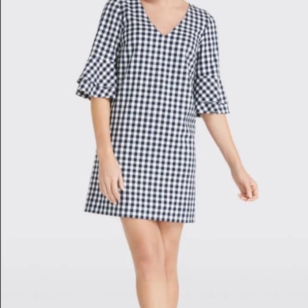 Draper James navy gingham bell sleeve dress, size 4